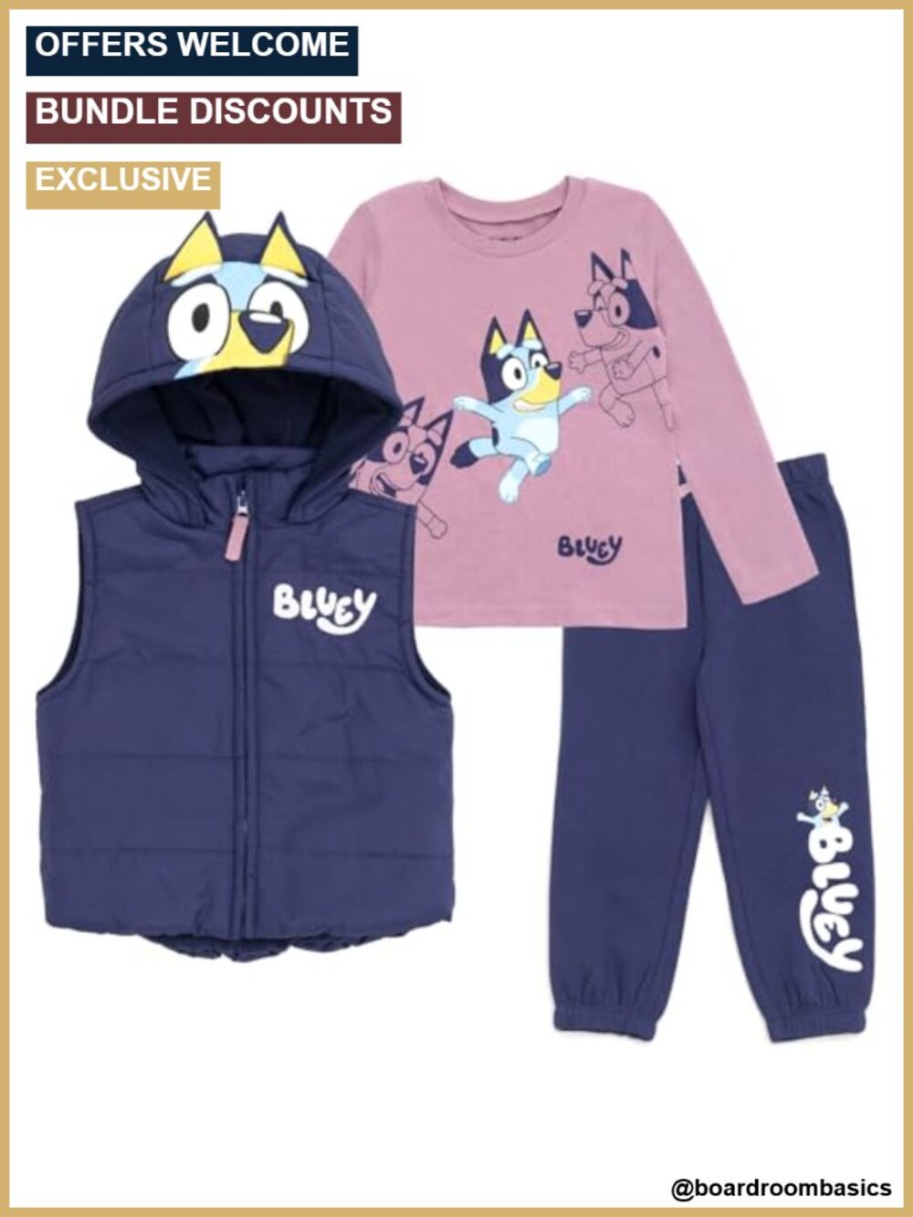 Bluey Girls 3-Piece Hooded Vest Tee Pants Set